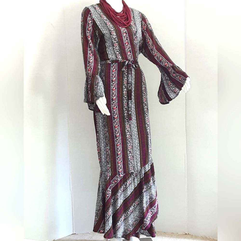 PLUS SZ 16/18   R. VIVIMOS Boho Floral Stripe Maxi Wrap Long Bell Sleeve Dress